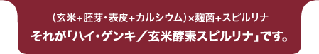 （玄米+胚芽・表皮+カルシウム）×麹菌+スピルリナ それが「ハイ・ゲンキ／玄米酵素スピルリナ」です。