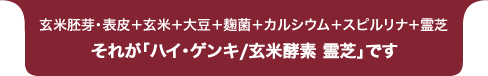 玄米胚芽・表皮＋玄米＋大豆＋麹菌＋カルシウム＋スピルリナ＋霊芝 それが「ハイ・ゲンキ/玄米酵素 霊芝」です。