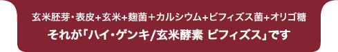 玄米胚芽・表皮+玄米+麹菌＋カルシウム+ビフィズス菌+オリゴ糖 それが「ハイ・ゲンキ/玄米酵素 ビフィズス」です。